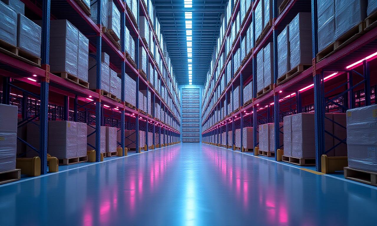 A high-tech modern warehouse facility showing orderly freight racks and loading bays