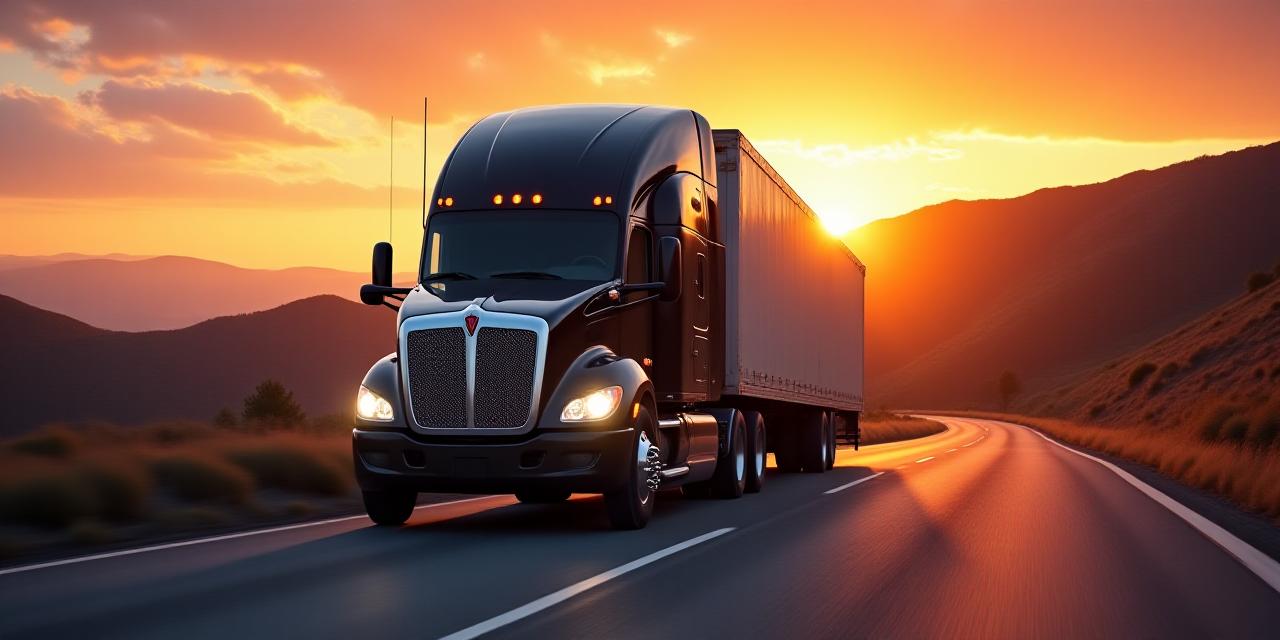 Semi-truck on a California highway during sunset