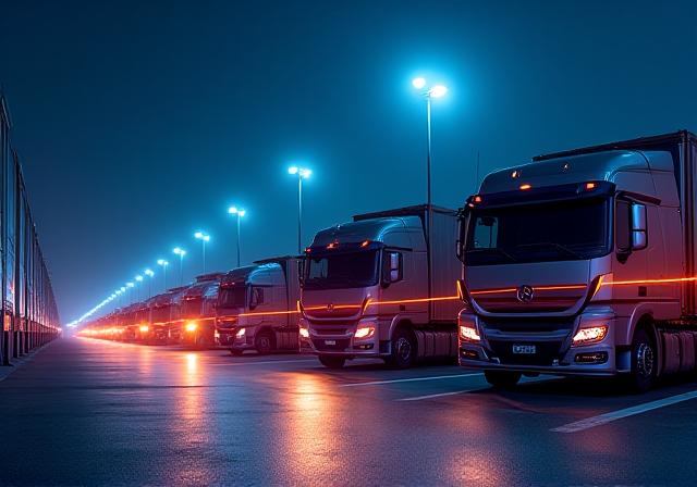 A truck fleet parked in a high-security warehouse lot at dusk