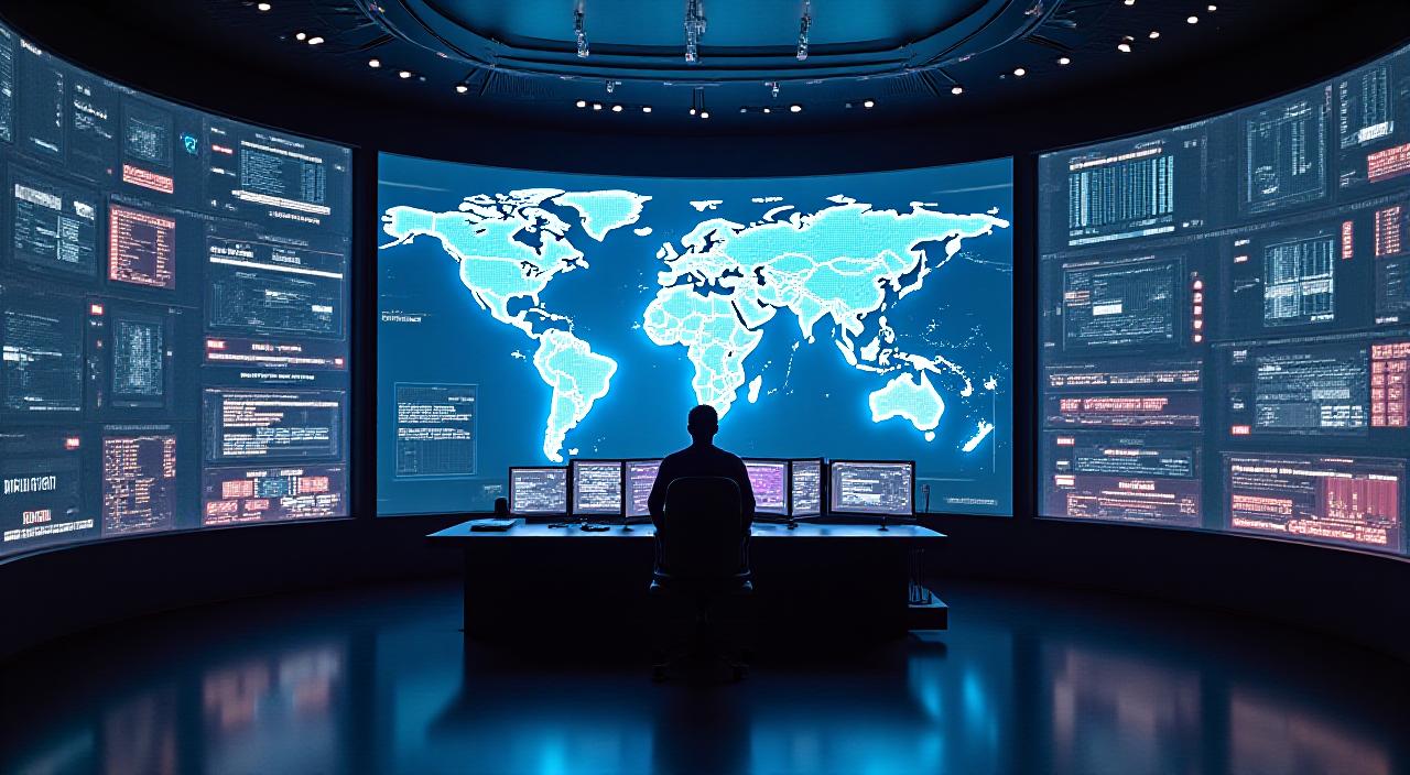 A high-tech logistics control center with glowing digital maps and freight data analysis