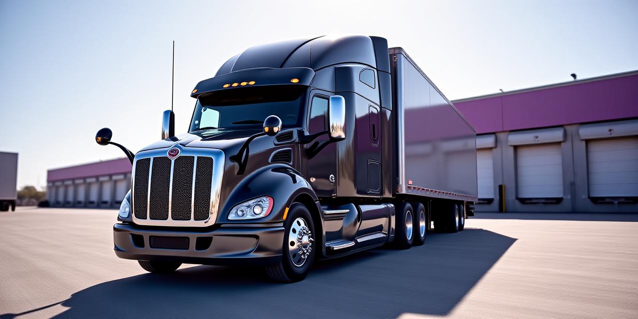 A high-contrast heavy transport truck parked at a modern logistics hub